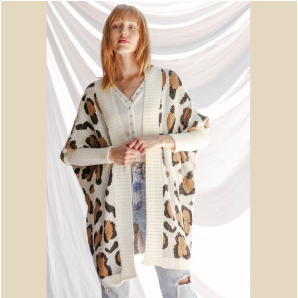 NEW! Cream Tan Brown Leopard Open Cardigan Sweater S L 1X 2X - Picture 4 of 12